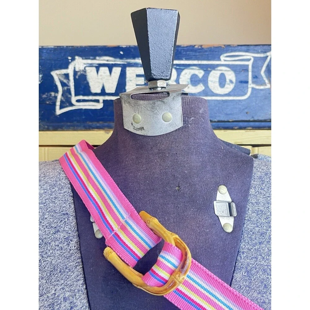 Vintage 1970s Preppy Nautical Pink Rainbow Stripe Belt W/Bamboo Buckle 39”